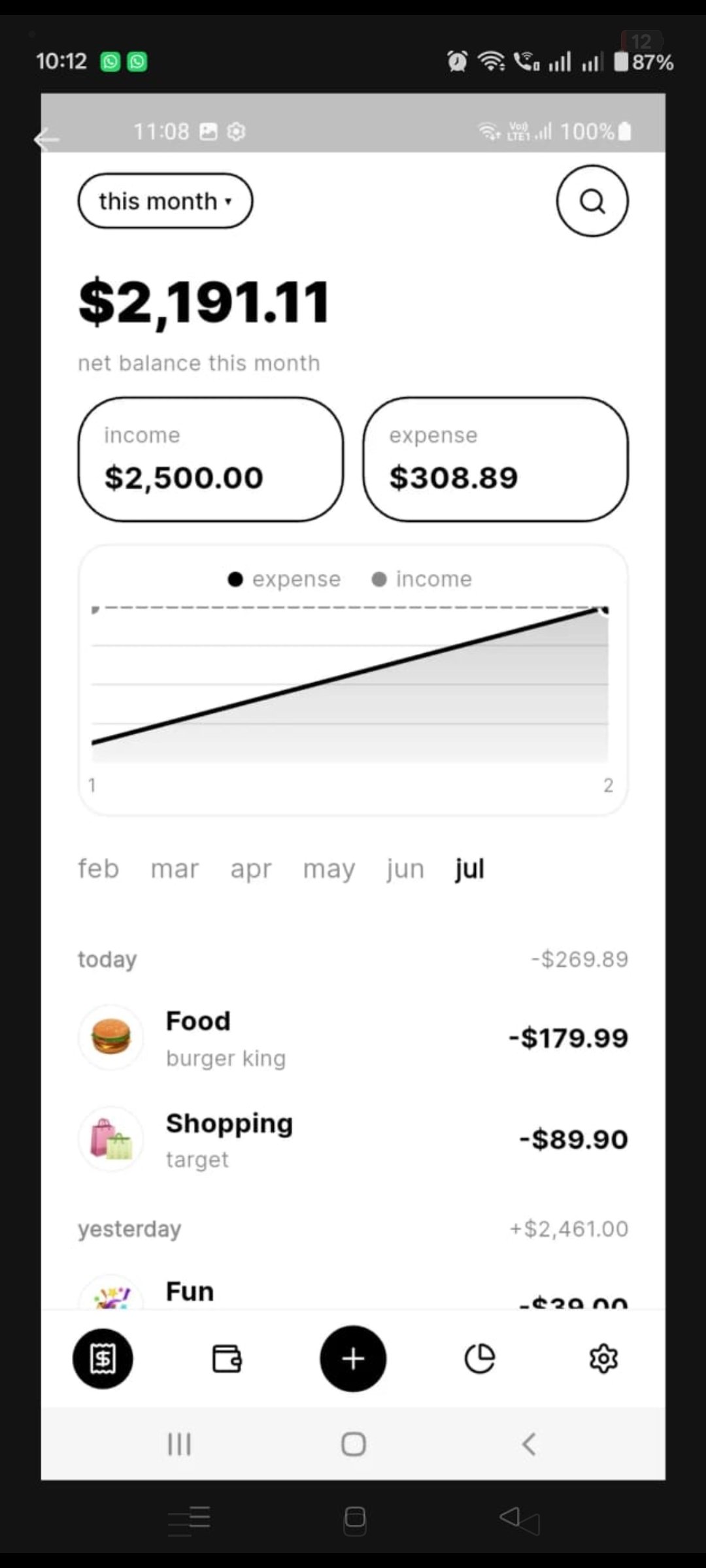 swinon app dashboard screen showing monthly balance